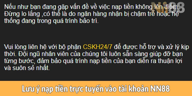 Lưu ý nạp tiền trực tuyến vào tài khoản NN88